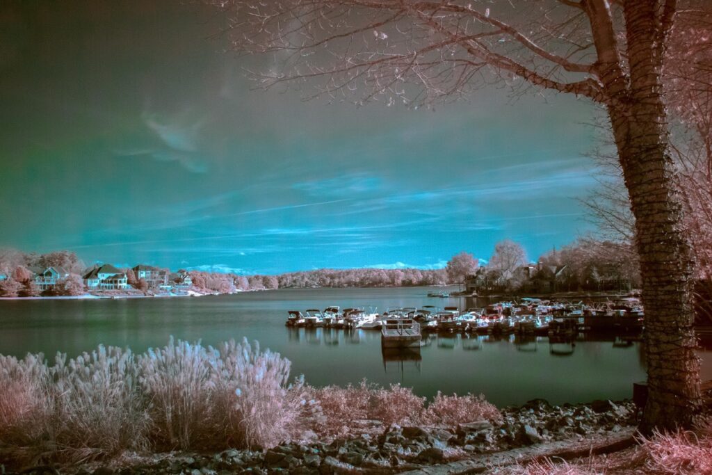 Lake Windward Alpharetta, GA. Infrared photography is a technique that blocks visible light in order to isolate infrared spectrum of light.This atechnique portrays hidden beauty of the lake.