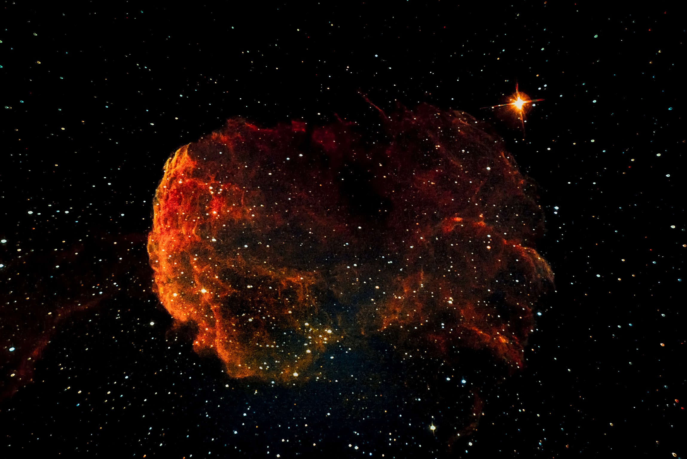 “Jelly Fish Nebula 5000” light years away. Supernovae are final evolutionary stage of massive stars.This process creates nuclear fusion which creates an explosion  so bright capable to outshine entire galaxy.The initial burst collides with interstellar medium which produces spectacular colors and glow.