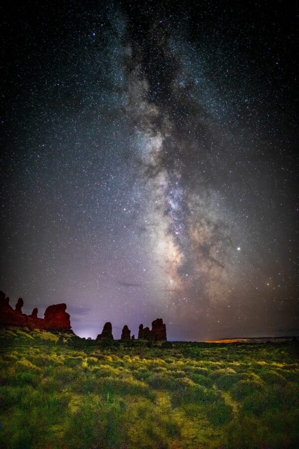 Arches Park Utah showing galactic center of milky way.Light painting was used to make foreground visible during the exposure.